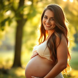 A beautiful portrait of a pregnant woman with a glowing face, showcasing her radiant smile and joy