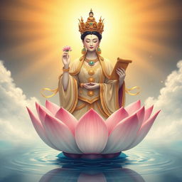A serene depiction of the goddess Kwan Im, the goddess of mercy, depicted in a magical desolation