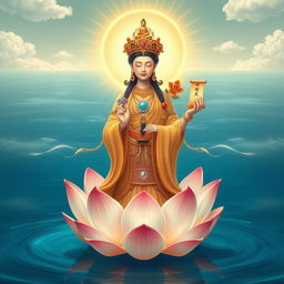 A serene depiction of the goddess Kwan Im, the goddess of mercy, depicted in a magical desolation