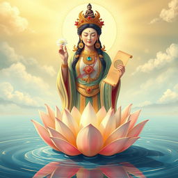 A serene depiction of the goddess Kwan Im, the goddess of mercy, depicted in a magical desolation