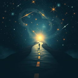 A winding road stretching toward a bright light at the end, set against a starry sky filled with swirling galaxies and shining stars