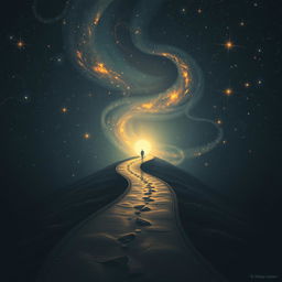 A winding road stretching toward a bright light at the end, set against a starry sky filled with swirling galaxies and shining stars