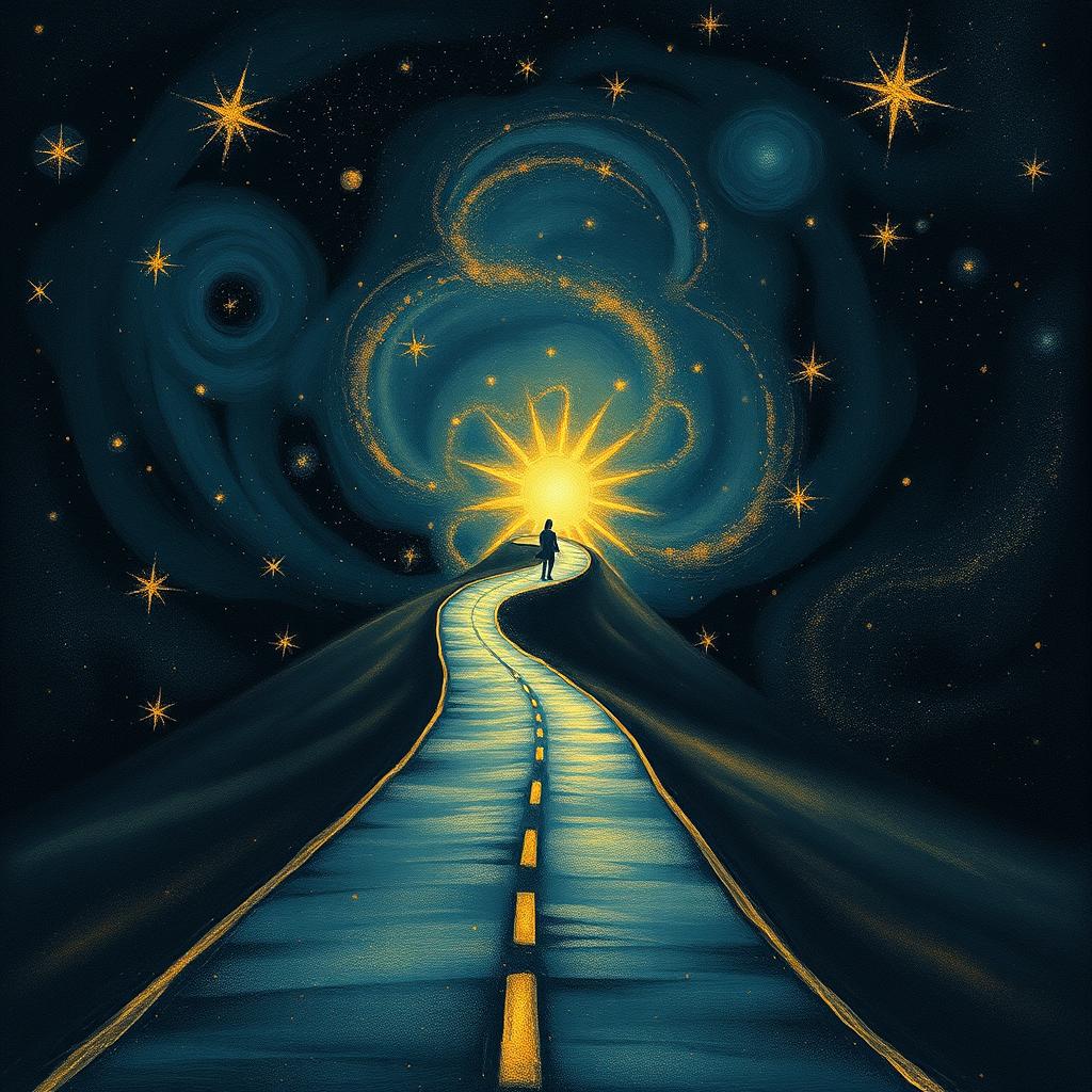 A winding road stretching toward a bright light at the end, set against a starry sky filled with swirling galaxies and shining stars