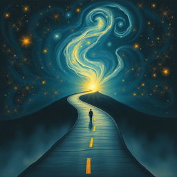 A winding road stretching toward a bright light at the end, set against a starry sky filled with swirling galaxies and shining stars