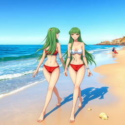 Two girls with long green hair walking together on a sandy beach