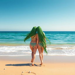 Two girls with long green hair walking together on a sandy beach