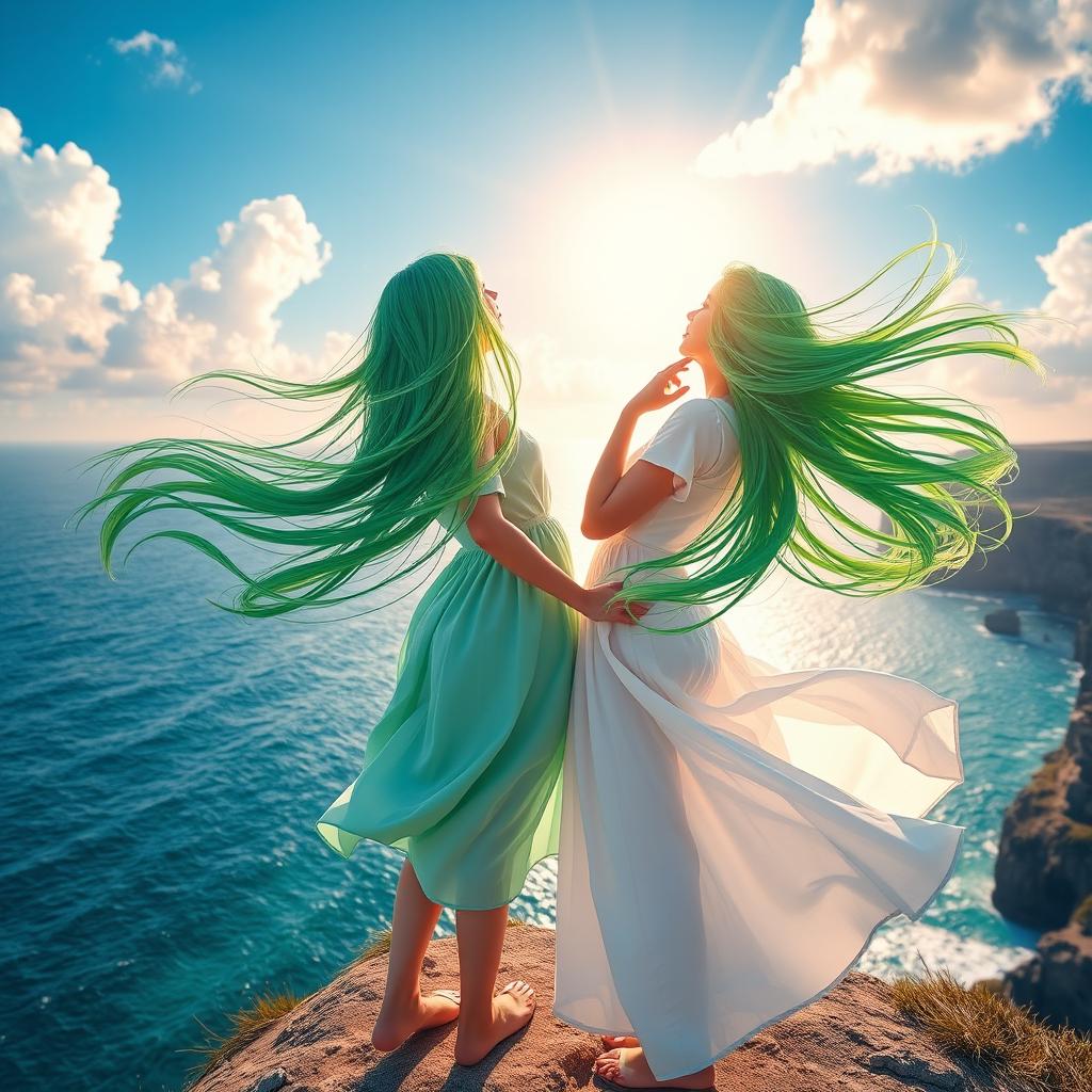Two girls with vibrant green hair blowing in the wind, standing on a scenic cliff overlooking the ocean
