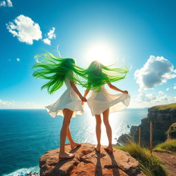 Two girls with vibrant green hair blowing in the wind, standing on a scenic cliff overlooking the ocean
