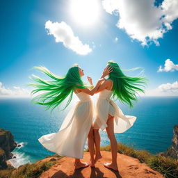 Two girls with vibrant green hair blowing in the wind, standing on a scenic cliff overlooking the ocean