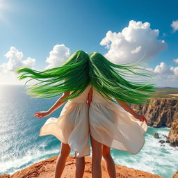 Two girls with vibrant green hair blowing in the wind, standing on a scenic cliff overlooking the ocean