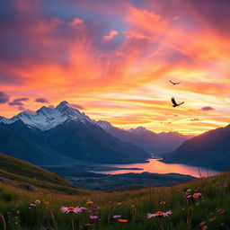 A breathtaking panoramic landscape depicting a majestic mountain range at sunset