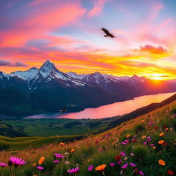 A breathtaking panoramic landscape depicting a majestic mountain range at sunset