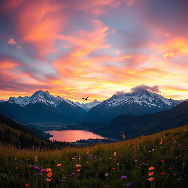 A breathtaking panoramic landscape depicting a majestic mountain range at sunset