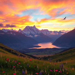 A breathtaking panoramic landscape depicting a majestic mountain range at sunset