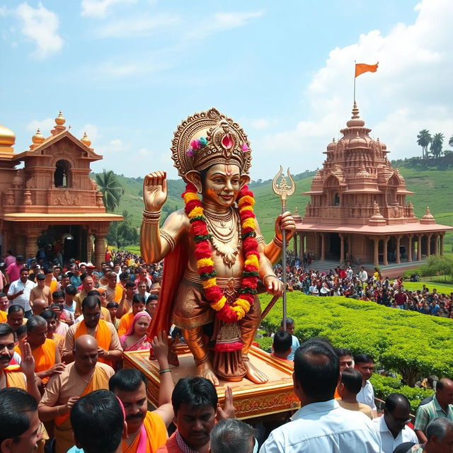 A shiny copper idol of Lord Hanuman, the Hindu monkey God, intricately adorned with vibrant flowers and traditional South Indian clothing