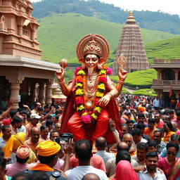 A shiny copper idol of Lord Hanuman, the Hindu monkey God, intricately adorned with vibrant flowers and traditional South Indian clothing