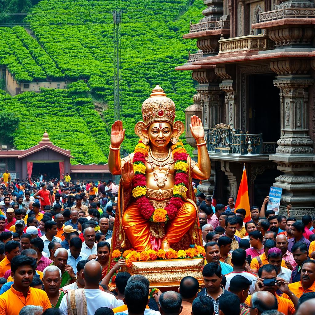 A shiny copper idol of Lord Hanuman, the Hindu monkey God, intricately adorned with vibrant flowers and traditional South Indian clothing