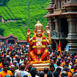 A shiny copper idol of Lord Hanuman, the Hindu monkey God, intricately adorned with vibrant flowers and traditional South Indian clothing