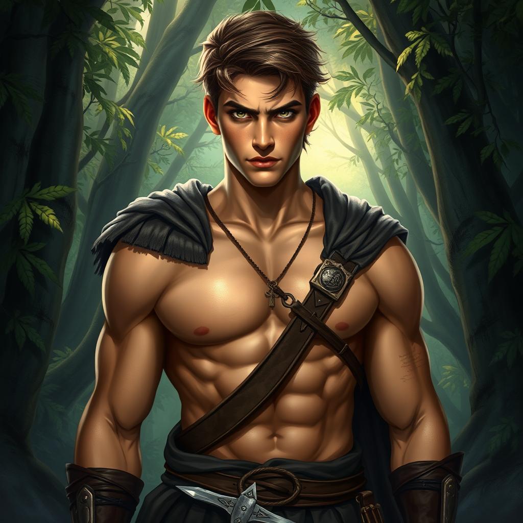 A captivating fantasy book cover that embodies Greek mythology, featuring a 17-year-old character who is the son of Ares