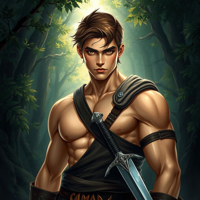 A captivating fantasy book cover that embodies Greek mythology, featuring a 17-year-old character who is the son of Ares