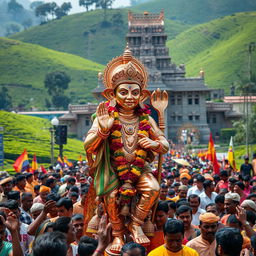 A shiny copper idol of the Hindu monkey God Lord Hanuman, intricately detailed and adorned with vibrant flowers and traditional South Indian attire