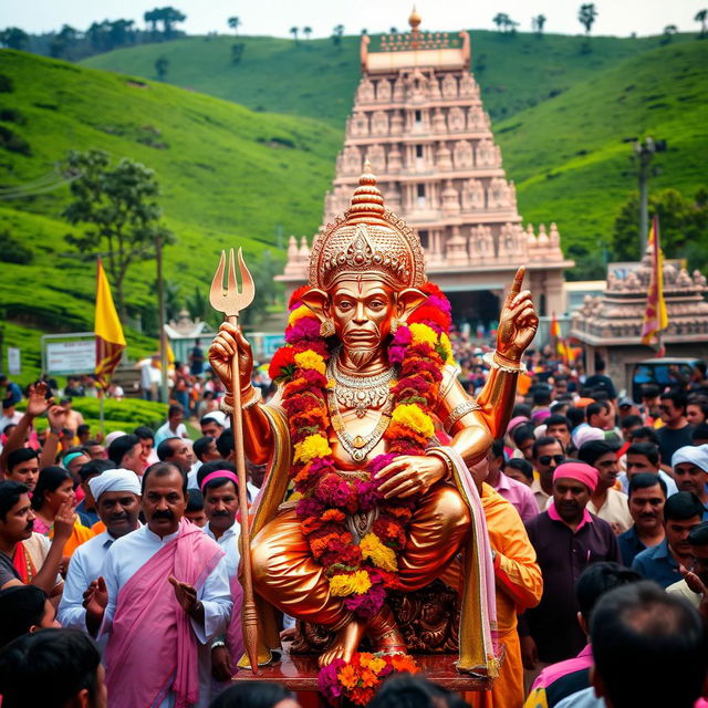 A shiny copper idol of the Hindu monkey God Lord Hanuman, intricately detailed and adorned with vibrant flowers and traditional South Indian attire