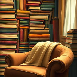 A close-up artwork featuring a cozy reading nook with a stack of colorful books forming the background