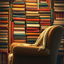 A close-up artwork featuring a cozy reading nook with a stack of colorful books forming the background