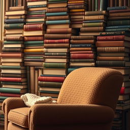 A close-up artwork featuring a cozy reading nook with a stack of colorful books forming the background