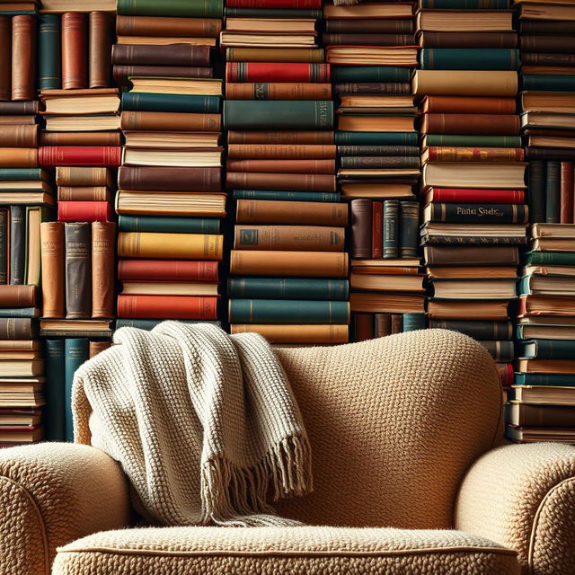 A close-up artwork featuring a cozy reading nook with a stack of colorful books forming the background