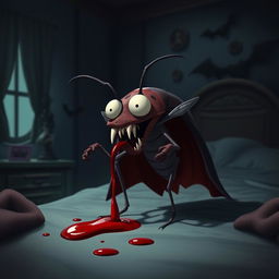An animatic showcasing a bed bug transformed into a vampire, with exaggerated features such as elongated fangs and a dramatic cape