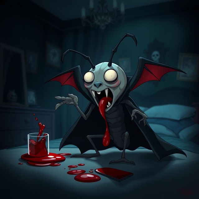 An animatic showcasing a bed bug transformed into a vampire, with exaggerated features such as elongated fangs and a dramatic cape