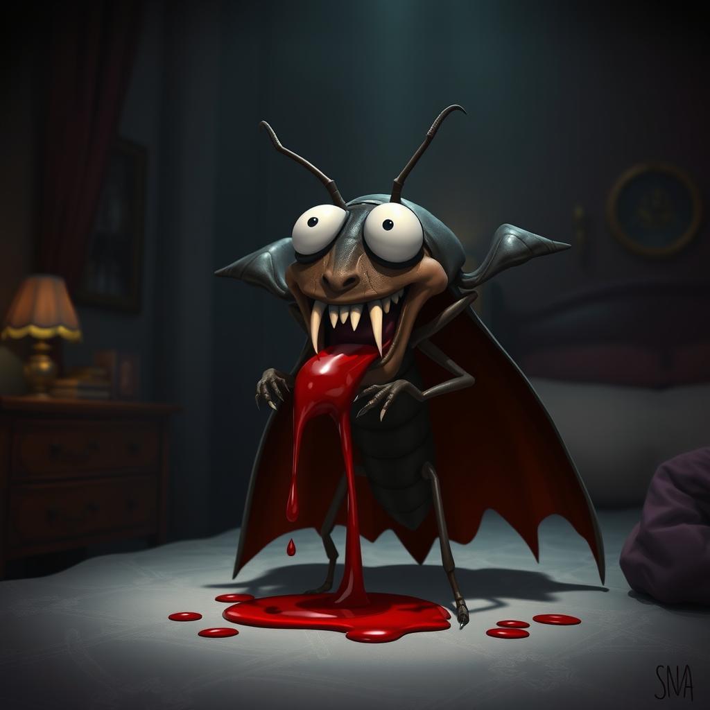 An animatic showcasing a bed bug transformed into a vampire, with exaggerated features such as elongated fangs and a dramatic cape