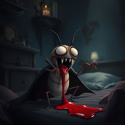 An animatic showcasing a bed bug transformed into a vampire, with exaggerated features such as elongated fangs and a dramatic cape