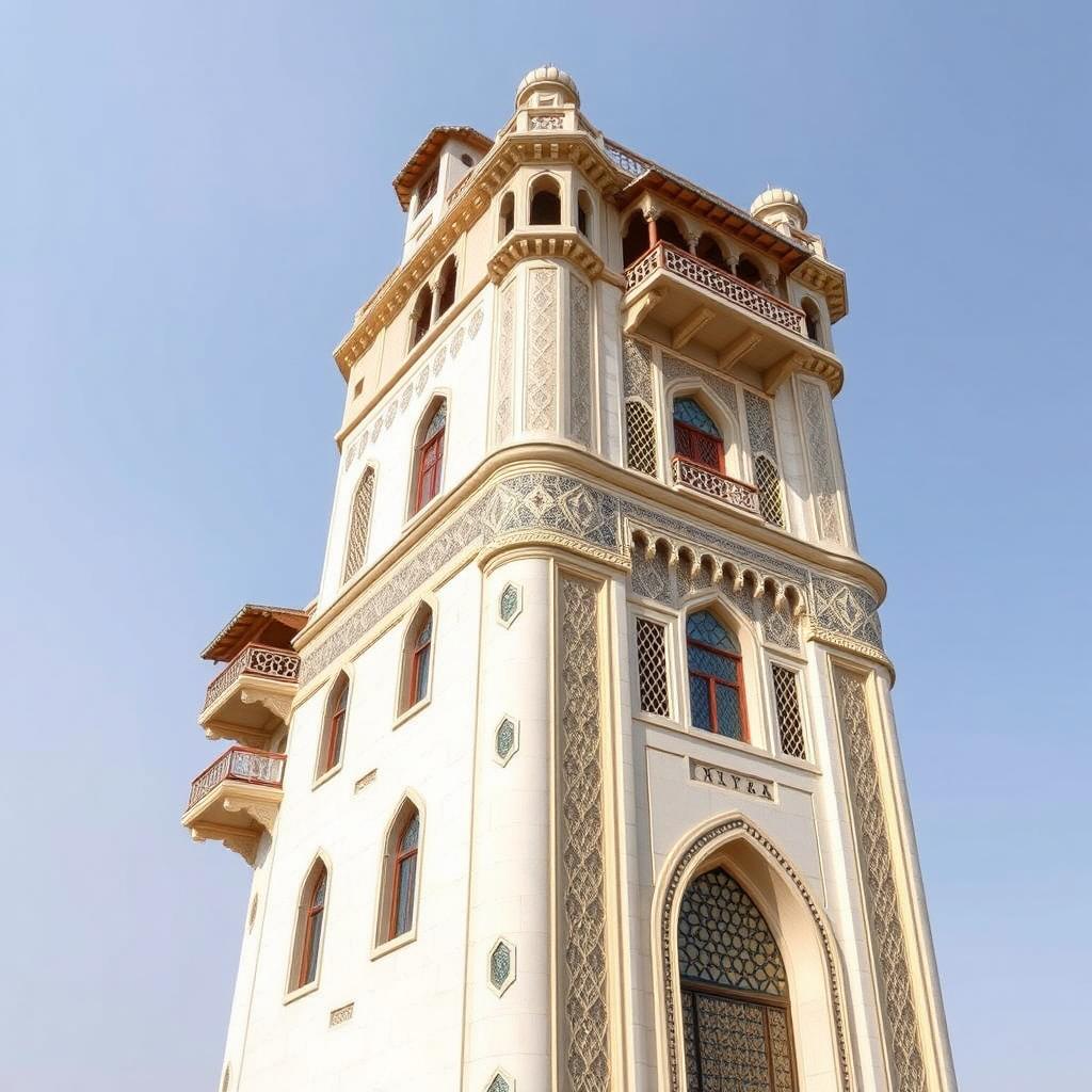 A tall, avant-garde tower inspired by the Ali Qapu Palace, with a facade width of 50 meters