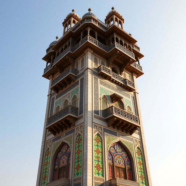 A tall, avant-garde tower inspired by the Ali Qapu Palace, featuring a 50-meter wide facade