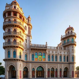 A tall, avant-garde tower inspired by the Ali Qapu Palace, featuring a 50-meter wide facade