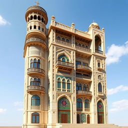 A tall, avant-garde tower inspired by the Ali Qapu Palace, featuring a 50-meter wide facade