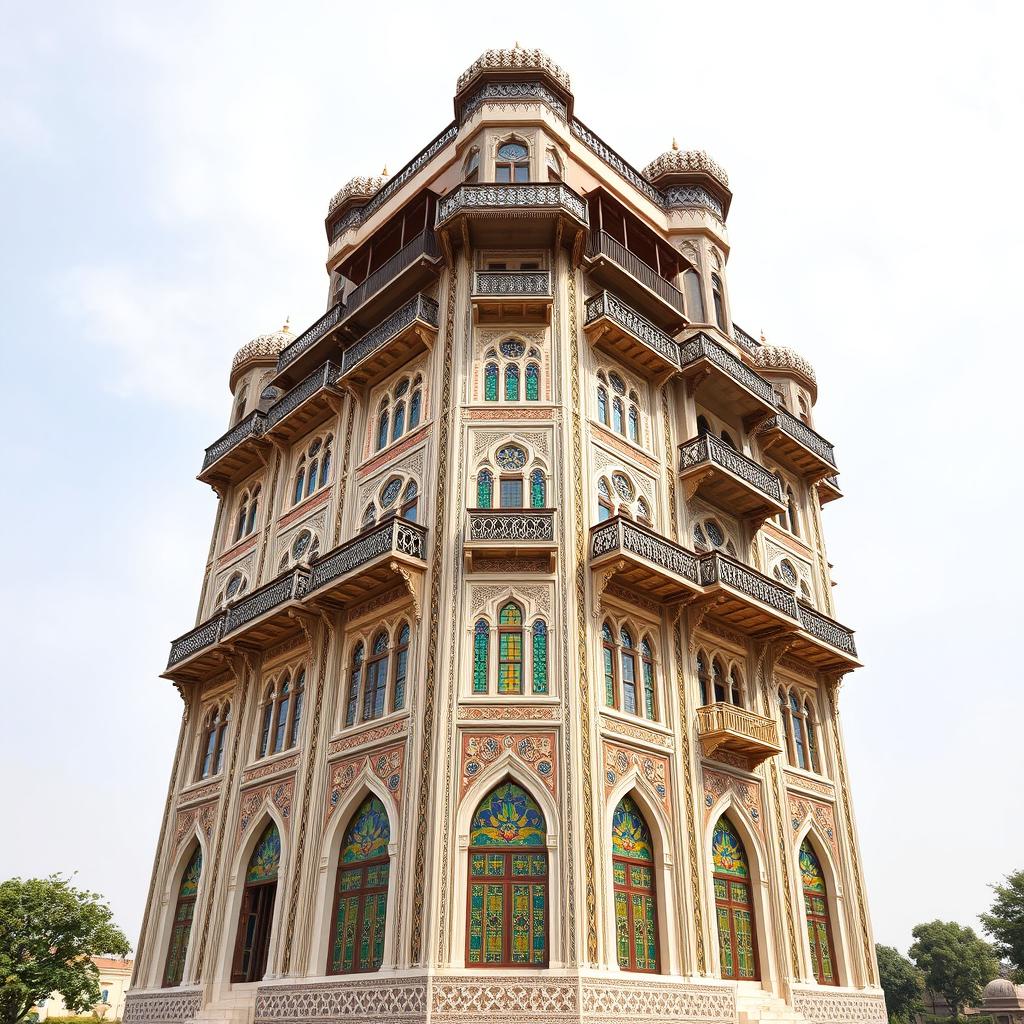 A tall, avant-garde tower inspired by the Ali Qapu Palace, featuring a 50-meter wide facade