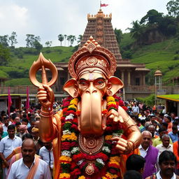 A shiny copper idol of the Hindu monkey God Lord Hanuman, featuring an elongated, large jaw and intricately detailed