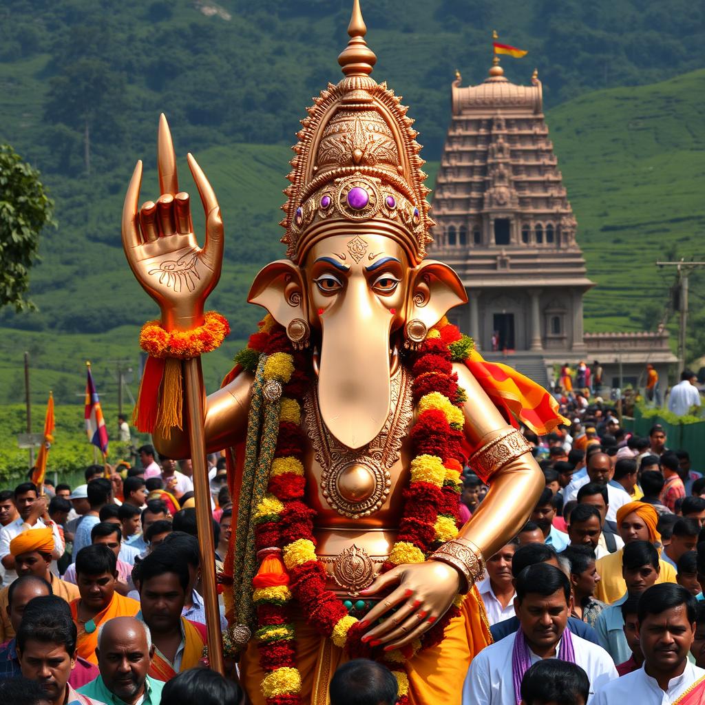 A shiny copper idol of the Hindu monkey God Lord Hanuman, featuring an elongated, large jaw and intricately detailed