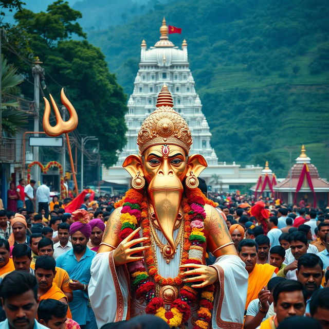 A shiny copper idol of the Hindu monkey God Lord Hanuman, featuring an elongated, large jaw and intricately detailed