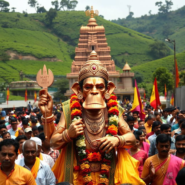 A shiny copper idol of the Hindu monkey God Lord Hanuman, featuring a prominent large jaw and heavily adorned with vibrant flowers and traditional South Indian clothing