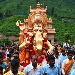 A shiny copper idol of the Hindu monkey God Lord Hanuman, featuring a prominent large jaw and heavily adorned with vibrant flowers and traditional South Indian clothing