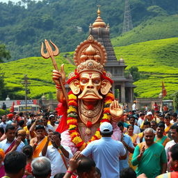 A shiny copper idol of the Hindu monkey God Lord Hanuman, featuring a prominent large jaw and heavily adorned with vibrant flowers and traditional South Indian clothing