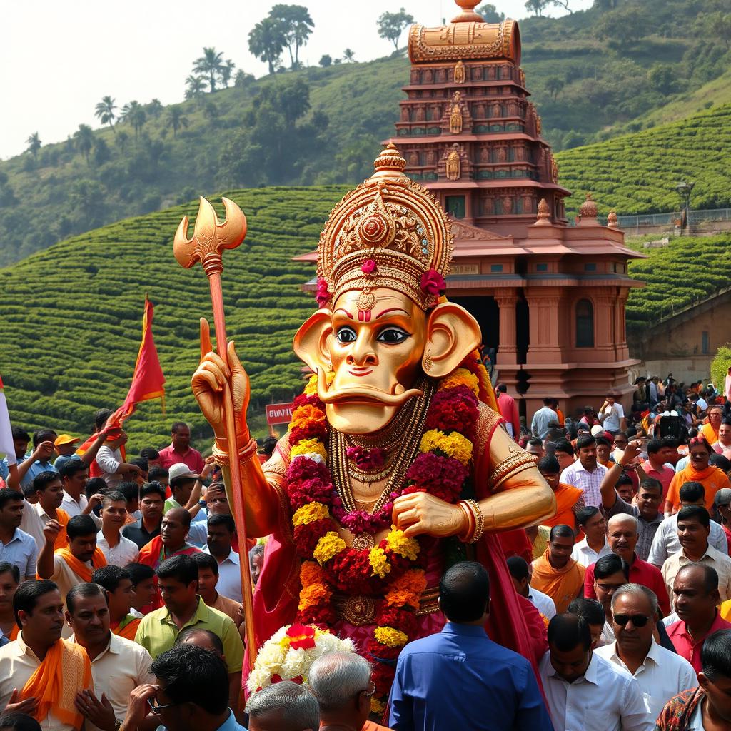 A shiny copper idol of the Hindu monkey God Lord Hanuman, featuring a prominent large jaw and heavily adorned with vibrant flowers and traditional South Indian clothing