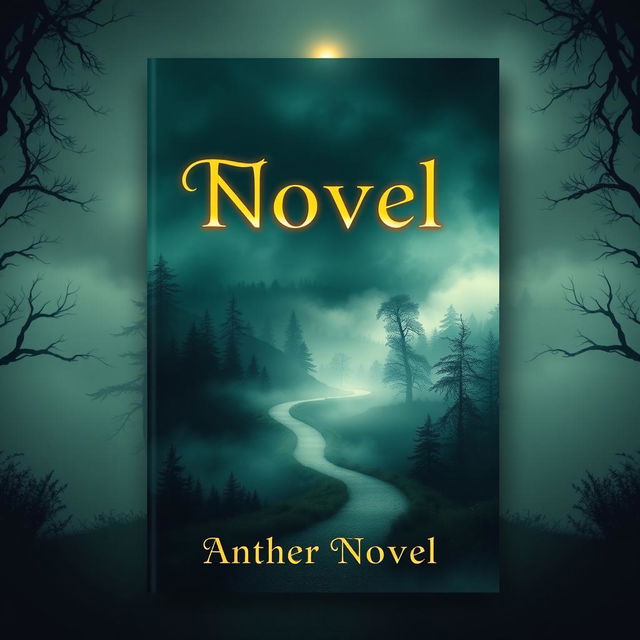 A captivating book cover design for a modern novel featuring a mysterious landscape with a foggy forest and a winding pathway leading into the distance