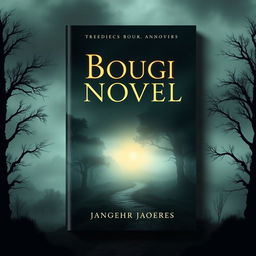 A captivating book cover design for a modern novel featuring a mysterious landscape with a foggy forest and a winding pathway leading into the distance