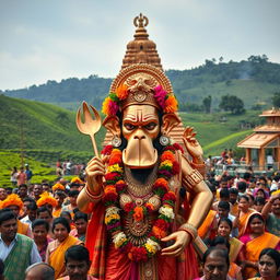 A shiny copper idol of the Hindu monkey God Lord Hanuman, featuring a large, swollen jaw and intricately adorned with vibrant flowers