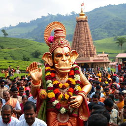A shiny copper idol of the Hindu monkey God Lord Hanuman, featuring a large, swollen jaw and intricately adorned with vibrant flowers